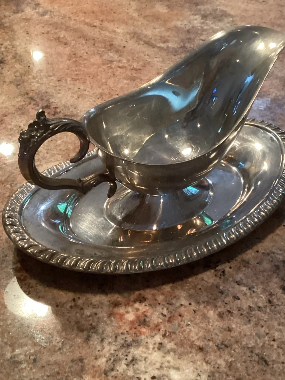 Vintage Silver plated gravy Boat with Attached Underplate